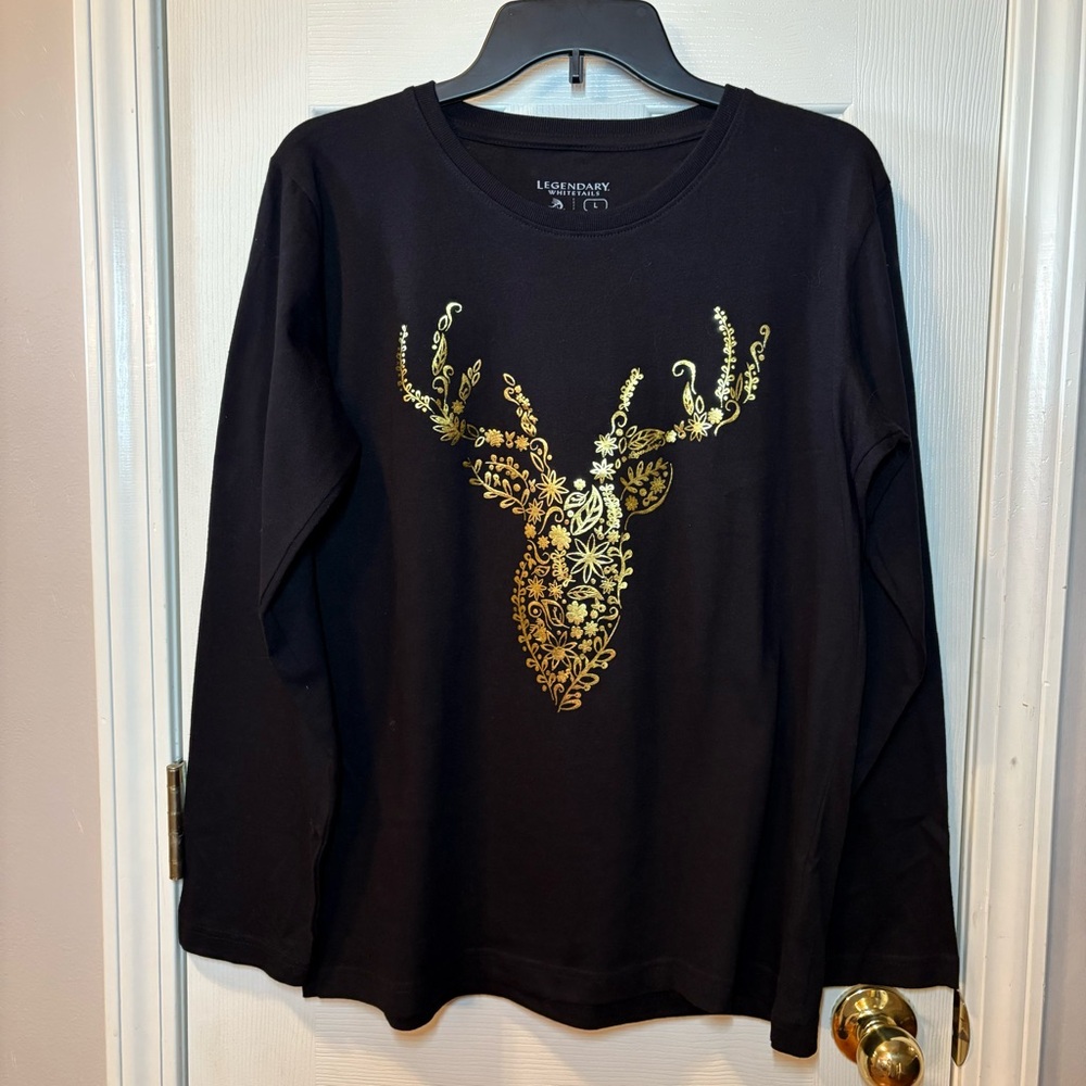 Legendary Whitetails Black L/S Tee with Gold Foil Floral Buck Design, L. NWT